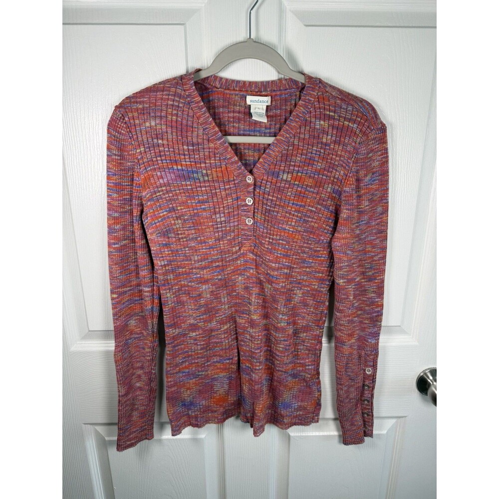 Sundance Large Ribbed Knit Henley Top Long Sleeve Pink Cottagecore Knitwear